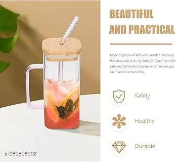 Mukticolor glass sipper with straw and wooden list,  mugs and sipper for gifting purpose, coffee mugs, smoothie sippers. Pack of 1