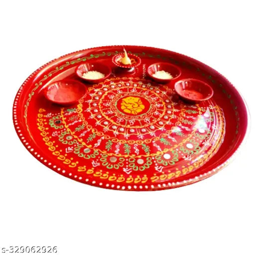 GW Ethnic Decorative Stainless Steel Hand Paint Ganesha Pooja Aarti Thali Set with Diya/Haldi Kumkum Holder/Rolli Chawal Plate | Puja Thali with Deepak Holder for Temple and Home