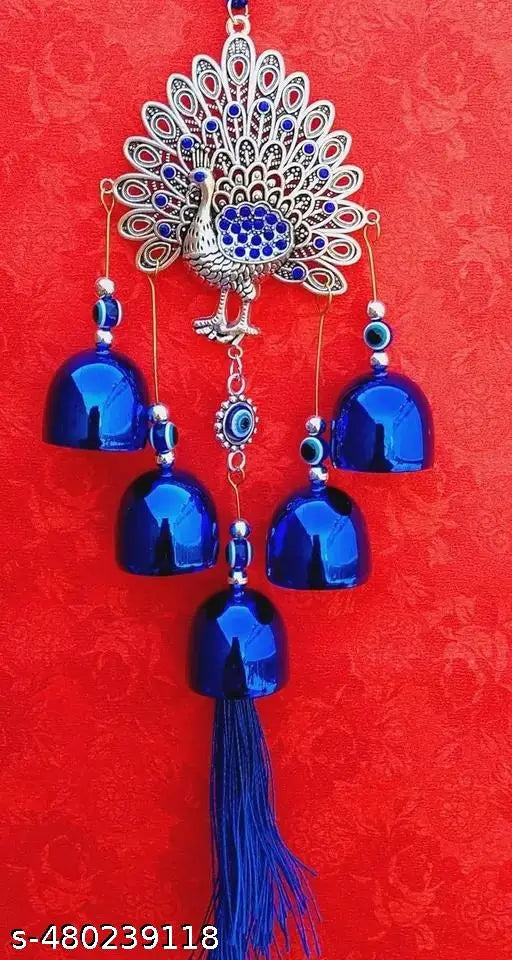 HH Decorative Wall Hanging Peacock with Blue Tassels and Bells - Evil Eye Protection, Metal Craft Home Decor for Positive Energy and Aesthetic Vibes, 12-Inch Handmade Ornament for Gifting, Wind Chime