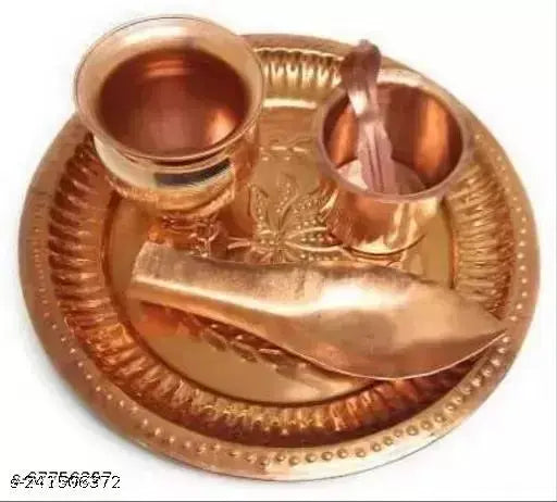 COPPER PLATE WITH COPPER LOTA ,PANCHPATRA AACHMANI,AARGHA 5 PIECE COMBO OF POOJA Pooja Thalis & plates