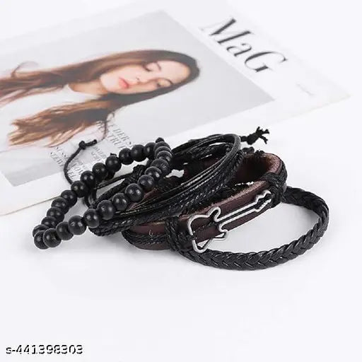 4pcs Per Set Multistrand Genuine Leather with Guitar Charm Leather Bracelet for Men & Boys Music Lover (Multi-Color)