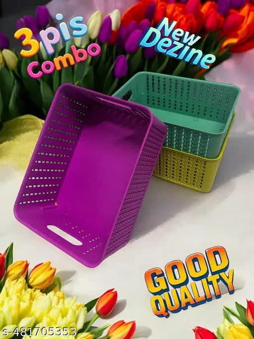 KITCHUB BPA Free Attractive Design Multipurpose Trendy Storage Basket With Lid|Material-Plastic|Color-PINK,YELLOW,GREEN|Pack of 3