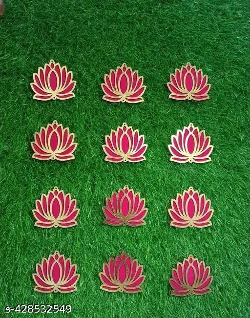 Pink Wooden Lotus Cut-Out Rangoli Kit Decoration for Diwali, Dushehra for Rangoli, Pooja, Decorations, Festival Gift, Wedding Decorations Size 3 Inch Pack of 8.