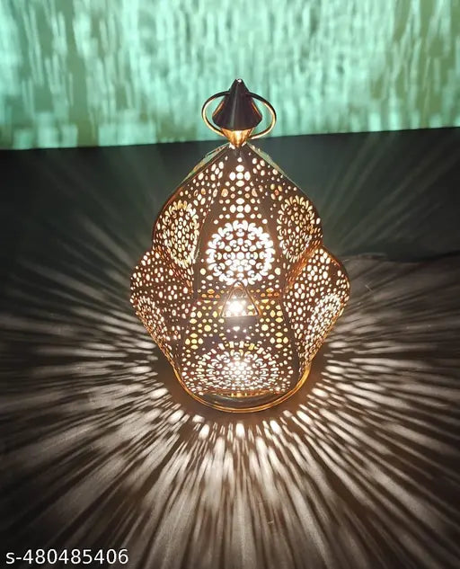 Moroccan Lamp | Best Lantern for Wedding Décor | Pooja Room Decoration | Gold Metal Electric Aroma Diffuser with 10ml Aroma Oil & 2 Extra Bulbs | Home & Festive Lighting