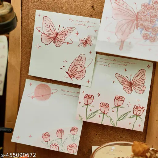 Romantic Aesthetic Sticky Notes with Delicate Heart, Rose & Butterfly Designs – Multicolor Rectangular Self-Stick Memo Pads for Journaling, Office, and Creative Projects – 200+ Notes (Pack of 1)