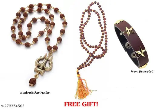 Om Trishul Rudraksha Mala With PAnchmukhi Rudraksha,Wood 108+1 Bead 2 mm 5 Mukhi Rudraksha Mala,Brown Leather Hip Hop Wristband Mens Bracelet