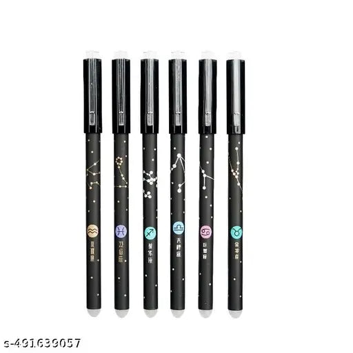 6 PIECE Erasable Constellation Star Galaxyy Printed Zodiac Gel Pens 0.5mm | Gel Blue Ink Pen Office School Stationary Supplies | Play Sudoku | Back Tip Is Eraser | Cheating Pen