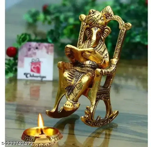Om Shubh  Figurine of Lord Ganesha Statue Sitting on A Chair and Reading Ramayan, METAL Ganesha Ganpati Statue  Gifts Decor Corporate Gifts Decorative Showpiece