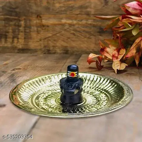 Wish Online Tilak Black Shivling Idol with Om Brass Pooja Thali Featuring Gayatri Mantra - Perfect for Diwali Puja Ceremony, Home Temple Decor, and Spiritual Gift for Blessings and Prosperity