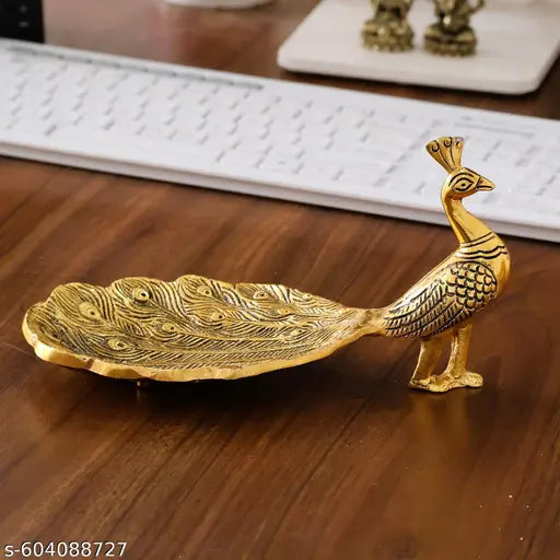 Golden Hand Crafted Metal Peacock Wing Shape Tray Perfect for Home Centre Table Serving Dry Fruits