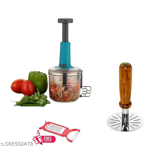 Chopper, Manual Hand Press Push Chopper with 3 Blades for Effortless Chopping Vegetables & Fruits (Assorted, 650 ml, Plastic). potato mashing product potato meshar and 2 in 1 peeler