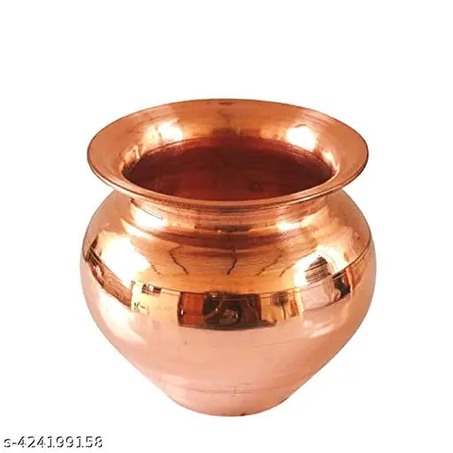 SWAAKSH Pure Copper Small Kalash Lota for Temple and Pooja articles Purpose Small Kalash Design 150 ML 2 Piece Copper Kalash Pure Copper Kumkuma Kalash Lota with Line Design for Diwali Pooja Festival Home Decoration With Free Haridwar Bhramkund Gangajal (