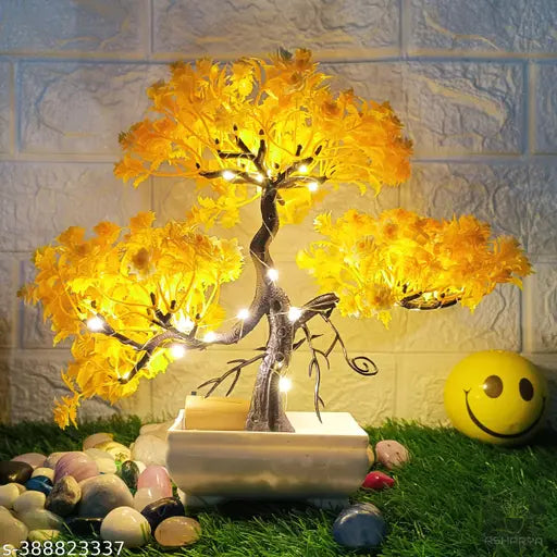 Asharya® Realistic Artificial Bonsai Tree with LED For Home Décor Items, Fake Plants for Living Room, Office, indoor and  Outdoor Decoration, Festival and Gift items (Yellow Green, 24cm)