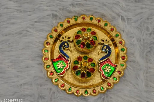 Peacock-Themed Round Pooja Thali – Perfect for Festivals & Worship