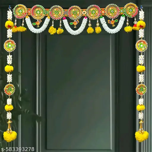 Artificial Mari Gold Flower with Plastic Mogra Toran with 2 side door hanging for diwali home door hanging decoration.