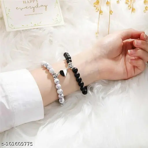 I Love You 2 Pcs Magnetic Valentines Day Broken Heart Love Couples Promise 2 in 1 Duo Wrist Band Cuff Elastic Field Therapy 8mm Howlite Black Beads Stone  Bracelets