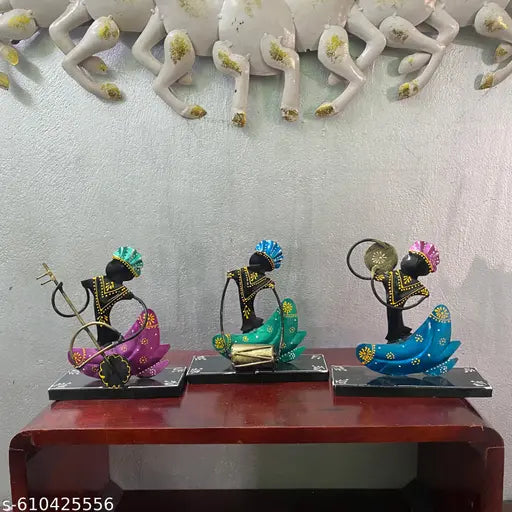 Handcrafted Colorful Metal Musician Figurine Set – Tribal Musician Home Décor Showpiece (Set of 3)