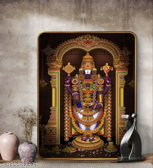 Livin'luxe Lord Venkateswara Painting with Frame - Round Black Framed Large Painting For Home/Office/Hotel Multicolor 28 cm x 35 cm 36028