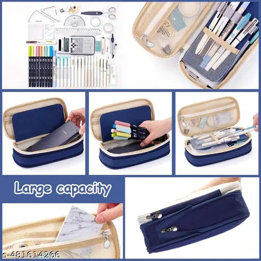 Large Capacity Pencil Case, Multiple Compartment Double Zipper Portable Pencil Pouch, Aesthetic Pouch, Kawaii Pencil Case, Cute Pouches for Girls, Stationary Organizer Bag (DarkBlue)