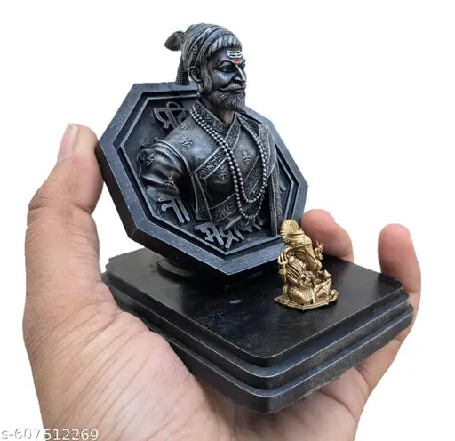 Chatrapati Shivaji Maharaj Statue for Car Dashboard, Beautifully Crafted in RajMudra with Metal Ganpati Idol (4 inch)