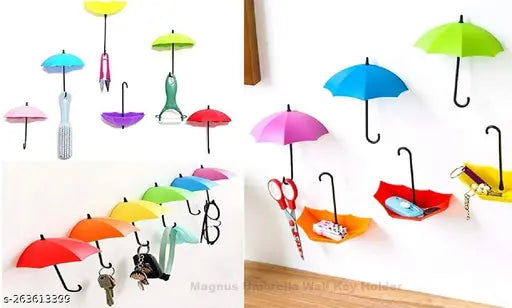 Umbrella Shape Key Hat Holder Wall Hook Umbrella Drop Style Wall Hanging Hooks Colorful Decorative Umbrella Hooks Key Holder Hook (Multi-Color) (PACK OF 6)