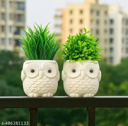 Dodecroo® (Pack Of 2) Fake Plants With Owl Shape Pot For Home Décor Item , Living Room Décor , Balcony Décor , Decorative Plant Pot Cute Owl Planters For Indoor Decoration Room Décor, Faux Plant Pot For Tabletop Plant Décor
