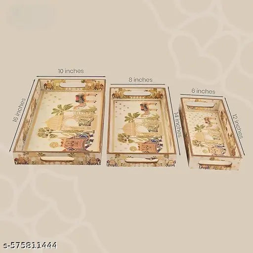 Set of 3 Royal Camel Theme Wooden Serving Trays – Enamel Coated Rectangular Platters with Gold Artwork | Waterproof Decorative Trays for Tea, Snacks, Gifting & Home Use | Sizes: 16x10, 14x8, 12x6 Inches