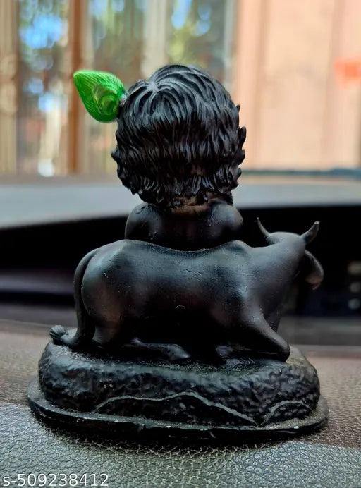 ShivShakti Store Marble Dust Baal Krishna with Cow Idol For Home Decor Car Dashboard Pooja Room Handmade Black Kanha ji Murti For Good Luck And Success