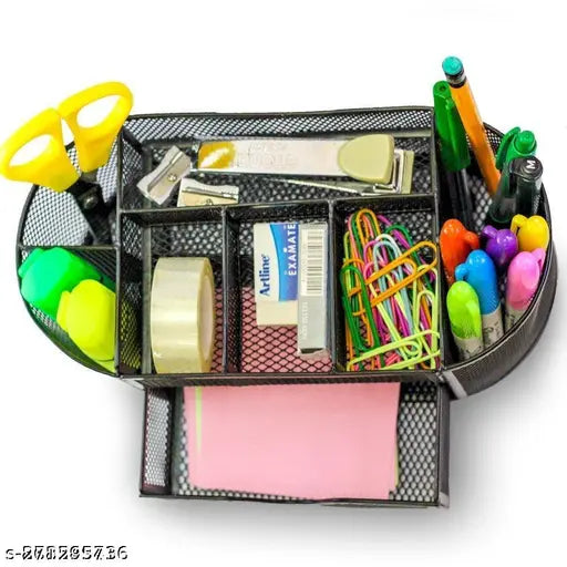 Metal Mesh Pen and Pencil Stationary Storage Tidy Desk Organizer Box with 9 Compartment for Home and Office Accessories (Black Color)