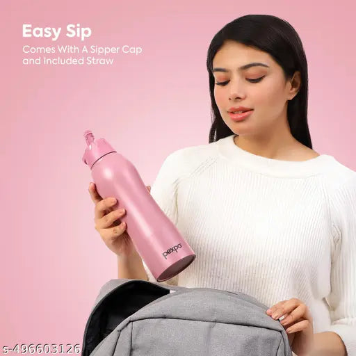 Pexpo Belly Stainless Steel Water Bottle with Straw Lid Sipper Cap, 1000 ml, Rosy Brown|Fast Cooling |Single Wall| Easy Grip | Home, Office, Gym, School, Yoga, Trekking, Men, Women & Kids
