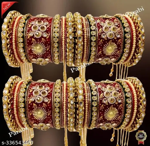 RED MULTICOLOUR LATKAN Heavy Alloy Gold-plated Rajkot Style Bridal Chuda Bangles Set For Girls And Women..