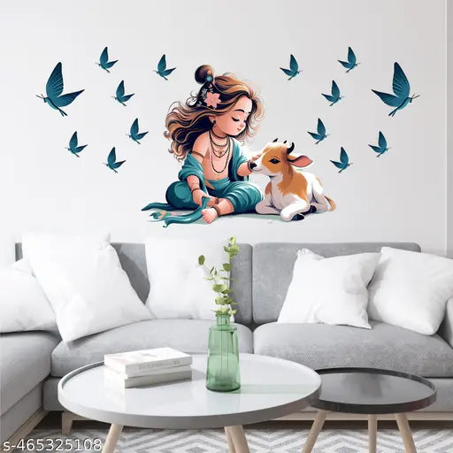 ArtfulDecals COLORFULL KRISHNA WITH BUTTERFLYY WALL STICKER FOR BEDROOM AND HALL SIZE, 24X21