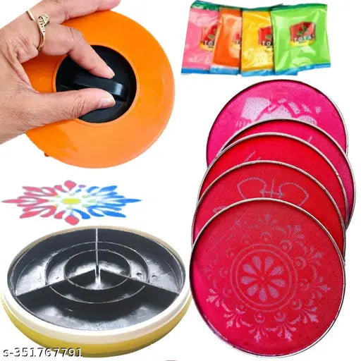 Artonezt Magic Rangoli Stamp + 4 Rangoli Powder Pouches + 5 Stencils for Navratri Pongal Pooja Mandir Diwali Floor Decoration