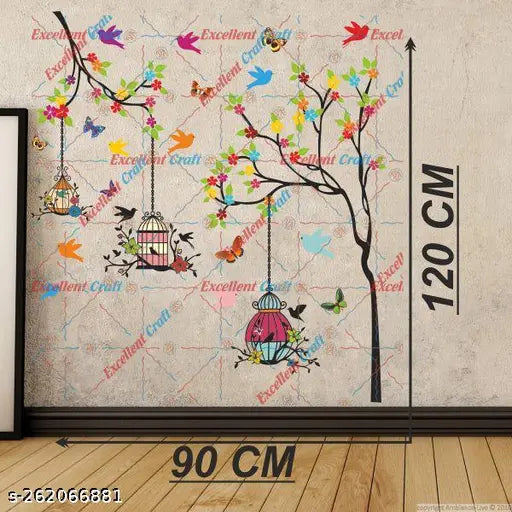 Delight Art Tree With Birds and Hanging Cages Design Wall Sticker Size - ( 109*120 ) cm