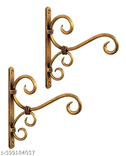 Antique Gold Finish Handcrafted Iron Wall-Mounted Hanger for Lantern, Diya, Bird Feeder, and Ornament String-Lights – 2-Piece Set