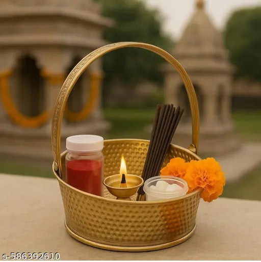 Handle design. Round  metal puja basket with handle high quality metal gold finishes flower basket for puja Diwali Navratri festivals brass & metal handicrafts