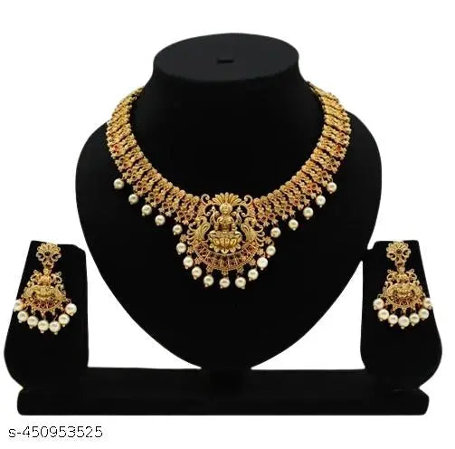 South Indian Temple Trendy Design Copper Gold Plated Matte Pearl Necklace Jewellery Set For Women And Girls Wending Fashion Use Set
