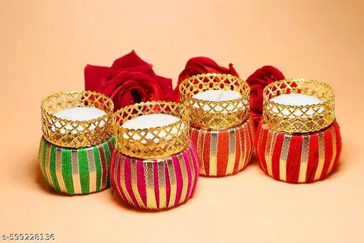 Decorative Tea Light Candle Holders – Set of 2(multicolor) Handmade Velvet Diya Holders with Golden Design for Home Décor, Diwali, Pooja & Festive Decoration