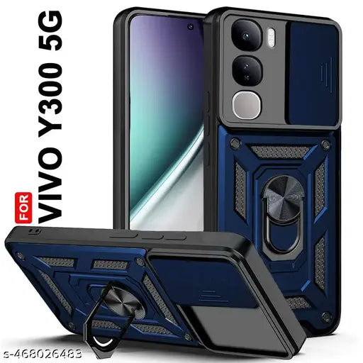 AESTMO Armor Vivo Y300 5G Bumper Back Case Cover | Ring Holder & Sliding Camera Shield Cover | 360 Degree Protection Back Case Cover for Vivo Y300 5G (Blue)