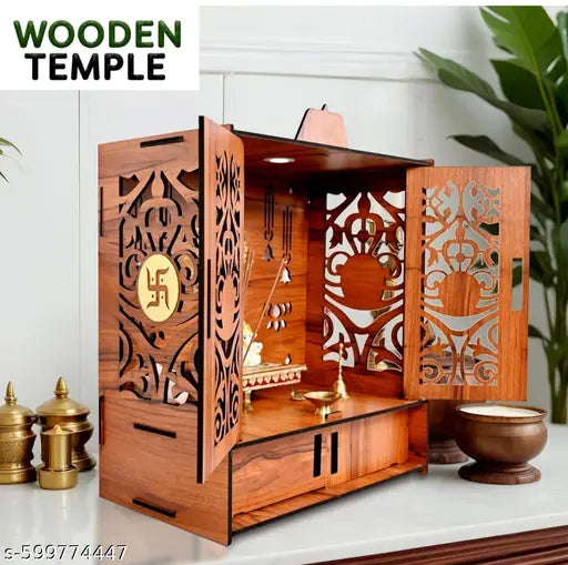 SMS Wooden Temple Mandir for Home with Door Cabinets | Beautiful Pooja Unit with Storage Space | with LED Light and Wall Mounts | Elegant Pooja Mandir for Home Big Size(H-21, L-17 B-11 inch)
