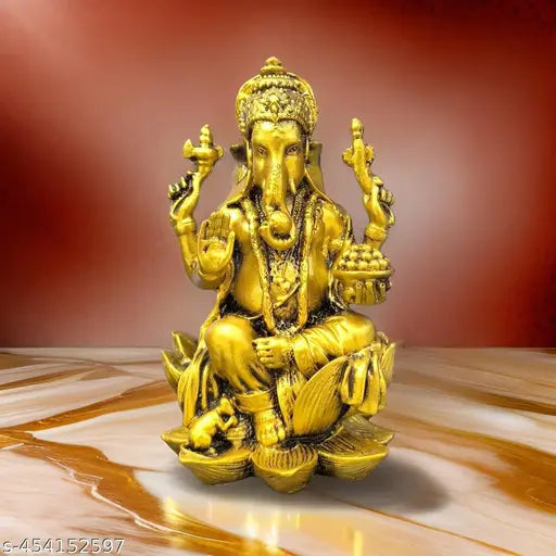 Sai Collection Gold Plated Polyresin Ganesh Idol Murti For Ganesh Chaturthi Gift, Diwali Gift  Resin Ganesh Sitting On Lotus Idol Decorative Showpiece