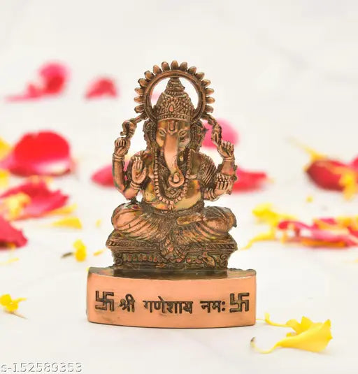 Rockshok Ganesh Ji Spiritual Religious Copper Polished Metal Statue Car Dashboard ( w x h - 4.5 cm x 7 cm )