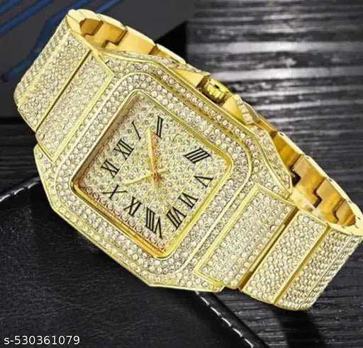 Bold & Brilliant Men’s Luxury Watch – Gold Finish with Complete Stone Embellishment