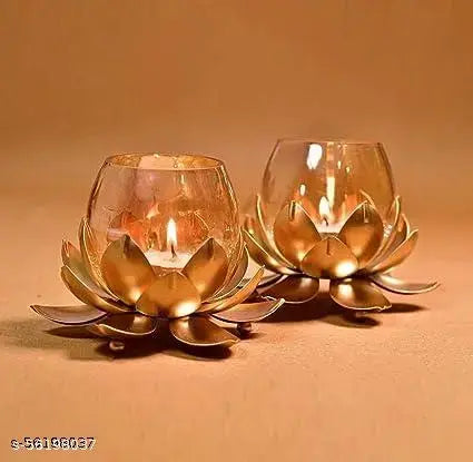 SUTEKI Lotus Shape Candle Stand with Gold Crackle Glass Holder for Home Decoration/Special Occasions Side Table Decoration Gift Set for Festival Decoration Gift (5x5 inches) Pack of 2