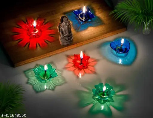 3D Reflection Reusable Multi Shape Oil Diya for Diwali pack of 12 Plastic Table Diya Set  (Height: 1.5 inch)
