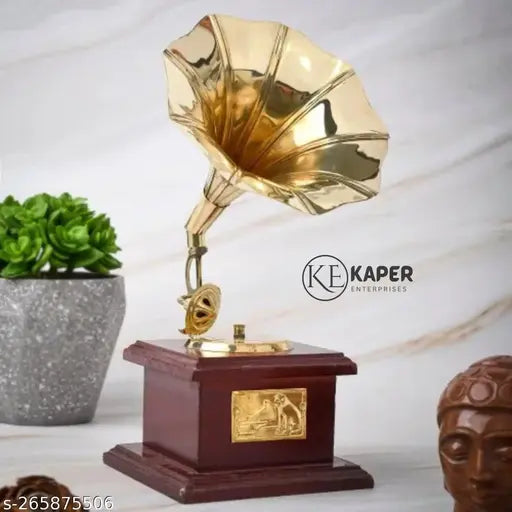 KAPER Gramophone Showpiece for Home Decor Antique Wooden Vintage Brass Showpiece Items for Living Room, Kitchen, Gifts