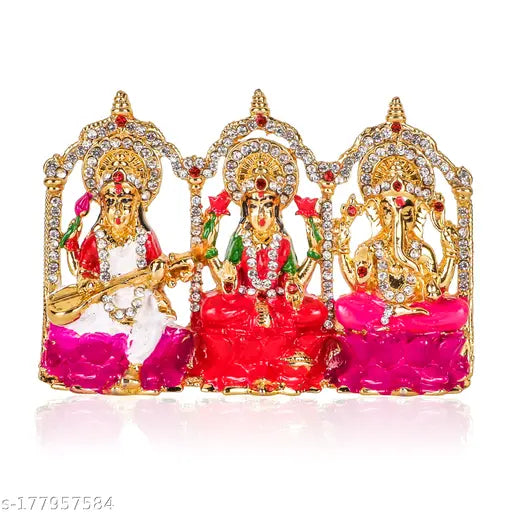 Lord Laxmi Ganesha Sarswati Idol | Laxmi Ganesha Sarswati Ashirwad Idol Metal Statue for Car Dashboard | Mandir Pooja Murti | Temple Puja | Diwali Puja | Home Decor | Office Showpiece