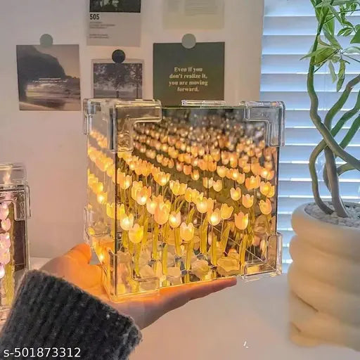 Wishpitara Tulip Cube Mirror Lamp, 20 Flowers LED Decorative Lamp, 2 in 1 Mirror & Table Ornaments for Bedroom Livingroom Desktop Decor Birthday Gift