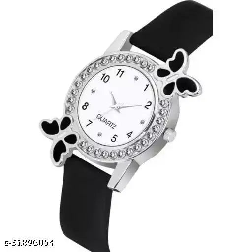 NEW FANCY BLACK BUTTERFLY DESIGN ANALOG WATCH & 2 BRACELETS FOR WOMEN & GIRLS