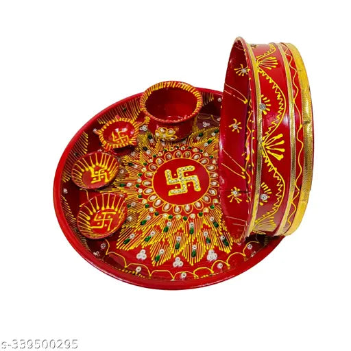 BAISA Karwa chauth thali Set | karwachauth puja thali Set | Pooja Thali Set | Lota/Kalash | Channi for Karwa Chauth Pooja (Thali Size 10 Inches ) (6 Pieces set) (Red) Karwa chauth set